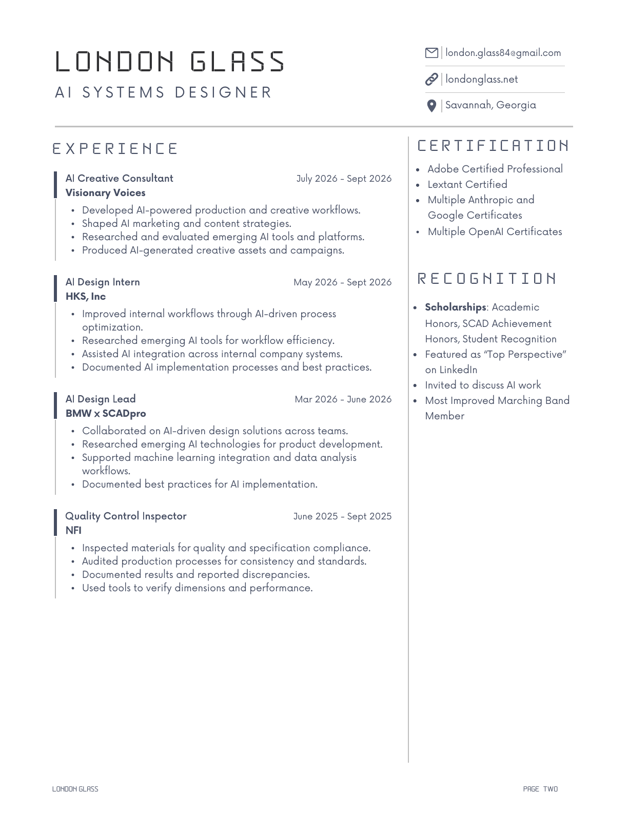 London Glass resume, page 2
